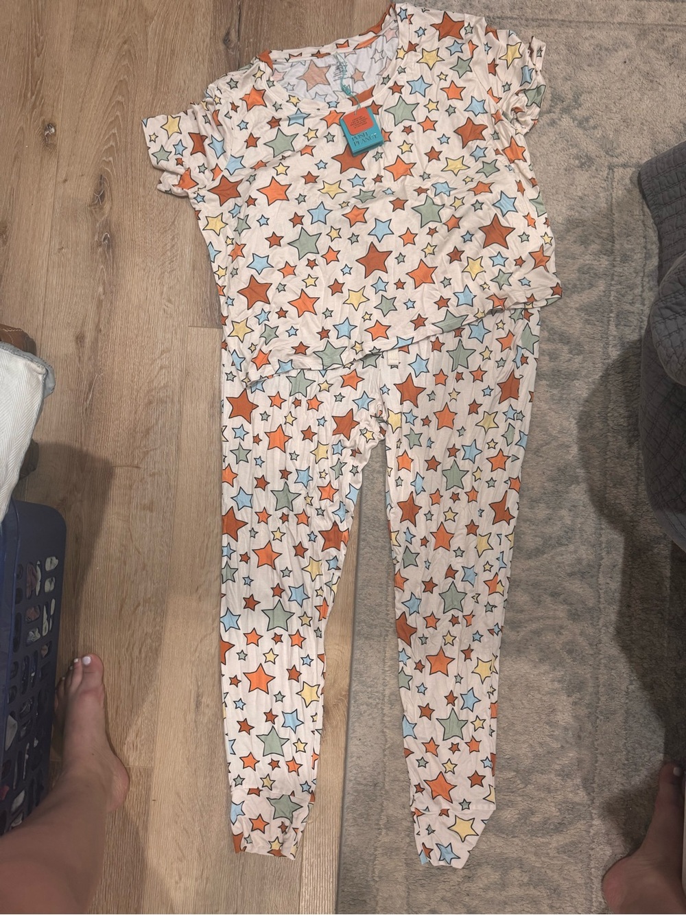 Posh Peanut White Pajama Set with Orange, Blue, Green & Yellow Stars